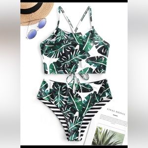ZAFUL Reversible Palm Striped Lace Up Tankini Swimsuit, NWT!! Size M